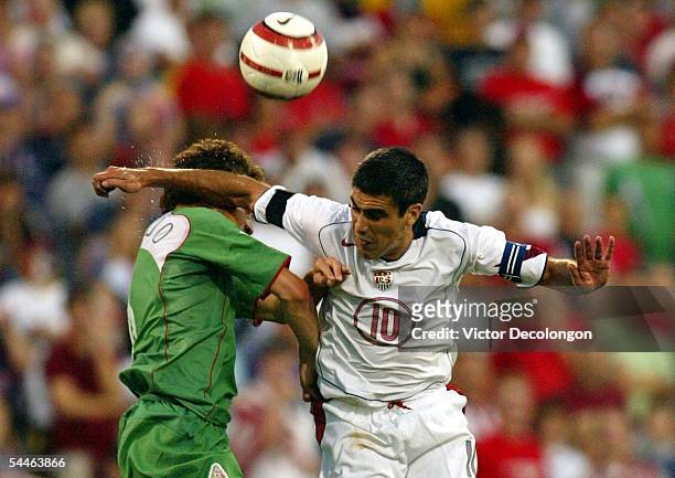 Claudio Reyna of the USA and Gerardo Torrado of Mexico clash in mid-air during their 2006 World Cup Qualifying match at Crew Stadium on Septermber 3,...