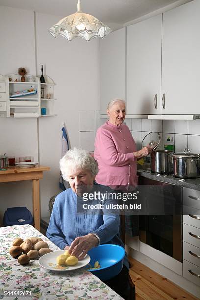 Deutschland, Brandenburg, Potsdam, Senioren-WG, Seniorinnen beim gemeinsamen Kochen in der Kueche-