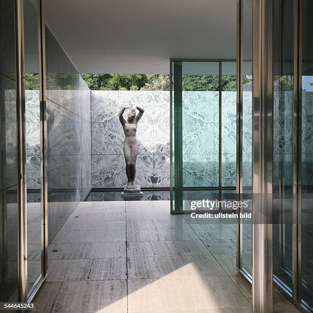 Spain, Barcelona: Barcelona Pavilion for the International exhibition 1929 built by Ludwig Mies van der Rohe, in the background sculpture "Morgen" by...
