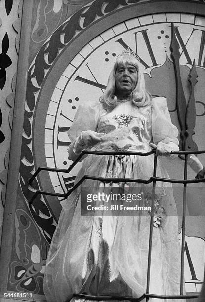 American actor and comedian Milton Berle , dressed as Cinderella to perform the role of Grand Marshall of the 1981 Macy's Thanksgiving Day Parade,...