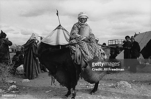 Woman holding a package and sitting on a donkey before a journey, Morocco, 1978.