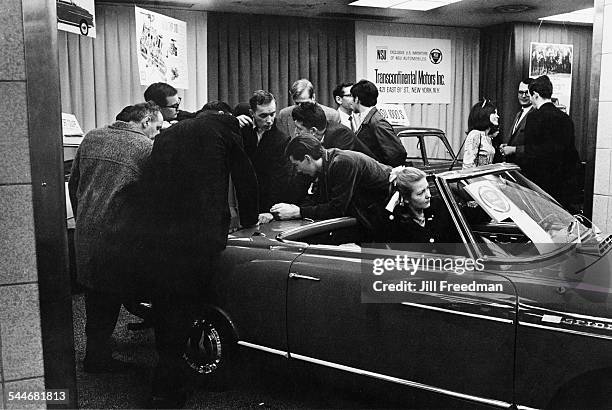 An NSU Spider car on display at an automobile show in New York City, 1966. The Spider is the first production car to be powered by a Wankel rotary...