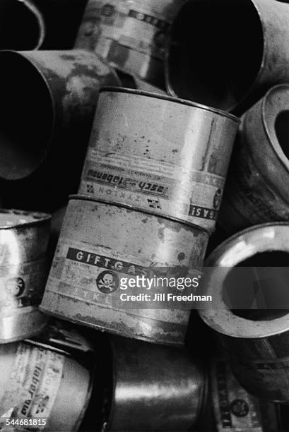Canisters of the cyanide-based pesticide Zyklon B at the museum at the Auschwitz former Nazi concentration camp in Poland, 1993. The gas was used by...