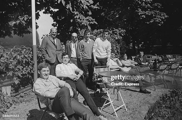 The England national football team take a break from training in Vienna, Austria, 28th May 1967. Featured are Alan Ball , Gordon Banks, Alan Mullery,...