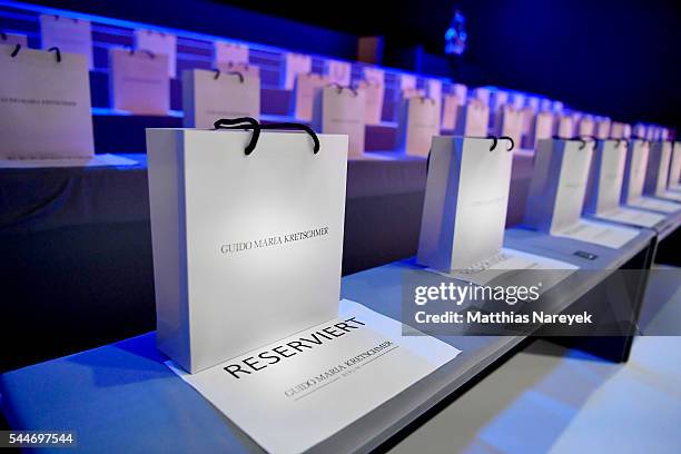 Goodie bags are seen ahead of the Guido Maria Kretschmer show during the Mercedes-Benz Fashion Week Berlin Spring/Summer 2017 at Erika Hess...