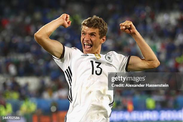 Thomas Mueller of Germany celebrates victory after winning the UEFA EURO 2016 quarter final match between Germany and Italy at Stade Matmut...