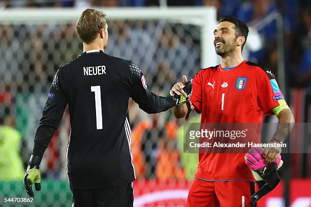 Manuel Neuer of Germany reacts with Gianluigi Buffon of Italy prior to the penallty shot out of the UEFA EURO 2016 quarter final match between...
