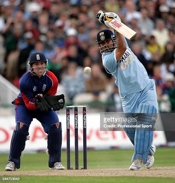 Sachin Tendulkar batting for India watched by England wicketkeeper Matt Prior during the 4th NatWest Series One Day International Match between...