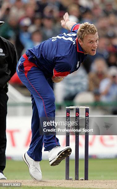Andrew Flintoff bowling for England during the 4th NatWest Series One Day International Match between England and India at Old Trafford in Manchester...