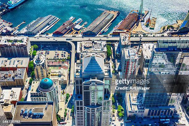 aerial view of downtown seattle and waterfront - seattle stock pictures, royalty-free photos & images