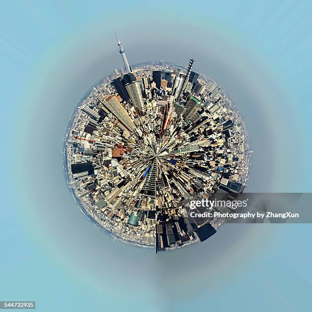 aerial view of urban landscape of tokyo - 360 globe stockfoto's en -beelden