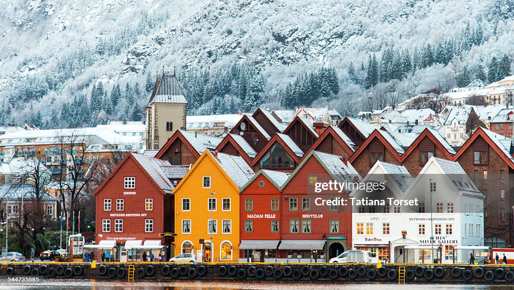 Hanseatic houses in Bryggen at winter.