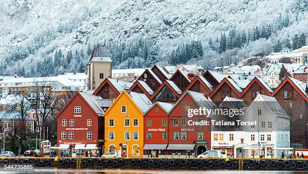 hanseatic houses in bryggen at winter. - bryggen stock pictures, royalty-free photos & images