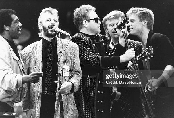 Musicians Ben E King, Ringo Starr, Elton John, Dave Edmunds and Bryan Adams, singing together at a concert for the Princes Trust, attended by...