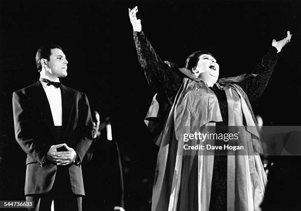 Singers Freddie Mercury and Montserrat Caballe performing their song 'Barcelona' at the cultural Olympiad in Barcelona, Spain, October 11th 1988.