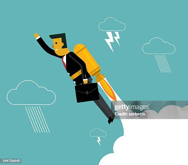 businessman with a rocket rising - personal effectiveness stock illustrations