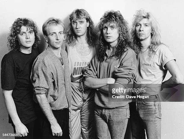 Portrait of the band 'Def Leppard', prior to their home town concert in Sheffield, England, October 9th 1987.