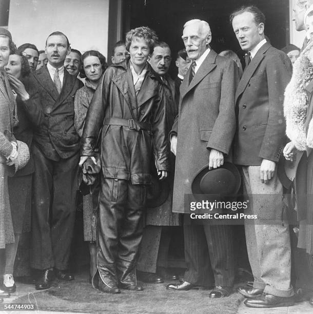 American pilot Amelia Earhart greeting the crowds after her solo Atlantic flight from the US to Londonderry, Hanworth Aerodrome, England, May 22nd...