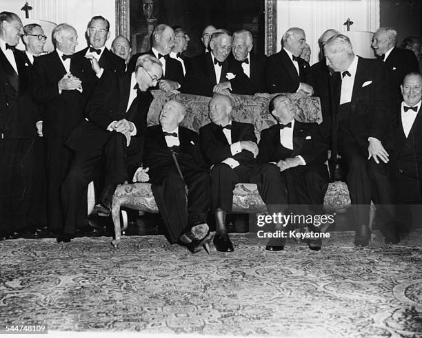 Politicians at a dinner party: Field Marshal Montgomery, John Hay Whitney, Viscount Portal, Lord Tedder, Sir Brian Horrocks and Lord Ismay, Viscount...