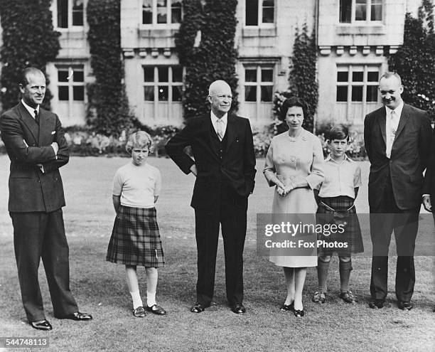 President Eisenhower with the British Royal family Prince Philip, Princess Anne, HM Queen Elizabeth, Prince Charles and Captain John Eisenhower, at...