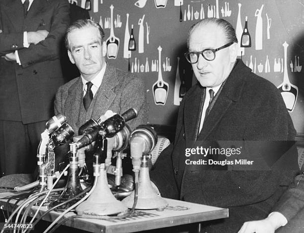 British Prime Minister Sir Anthony Eden and his French counterpart Guy Mollet at a press conference, London Airport, March 3rd 1956. Printed during...