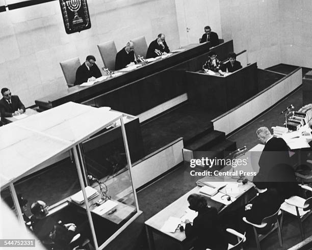 Bird's eye view of proceedings in the trial of Adolf Eichmann, as defense lawyer Robert Servatius delivers his first speech, Israel, 1961.