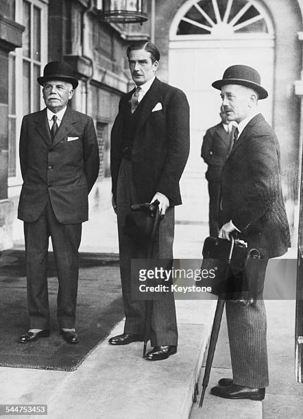 Foreign Secretary Sir Anthony Eden with Ambassador Lord Tyrrell and Ambassador Alexander Cadogan, outside the Ministry of Foreign Affairs in Paris,...