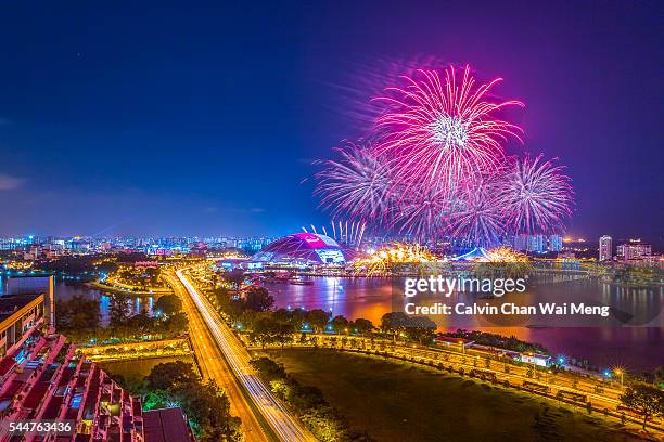 fireworks display at singapore sports hub - the dome 55 stock pictures, royalty-free photos & images