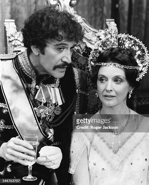 Actors Peter Wyngarde and Nyree Dawn Porter in costume, during rehearsals for the play 'Anastasia' at the Cambridge Theatre, London, September 21st...