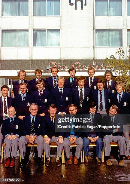 Team for the 1974-75 tour of Australia, prior to departure at Heathrow Airport, London, October 1974; back row, left to right: Keith Fletcher, Brian...