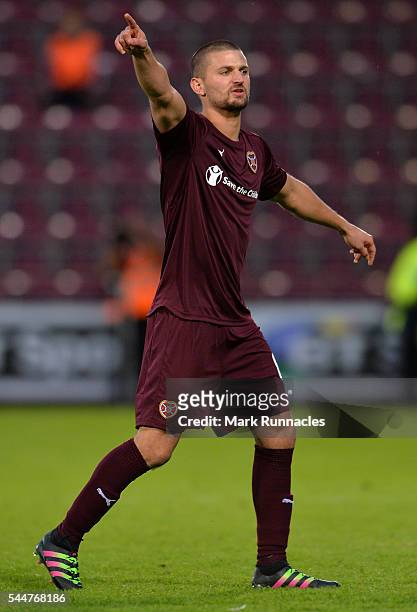 Perry Kitchen of Heats in action during the UEFA Europa League First Qualifying Round match between Heart of Midlothian FC and FC Infonet Tallinn at...