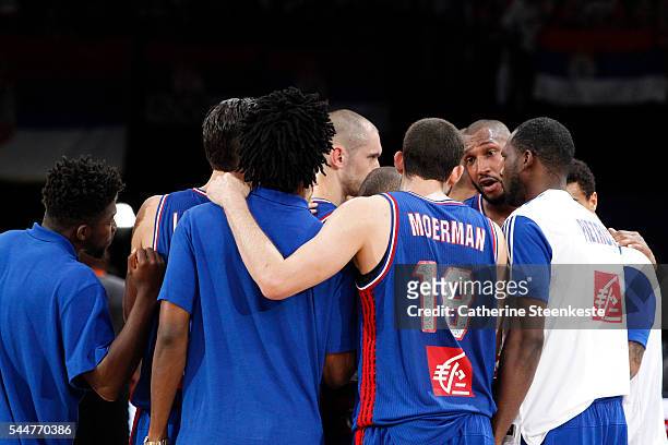 Boris Diaw of France is talking to his teammates after the International Friendly game between France v Serbia at AccorHotels Arena on June 21, 2016...