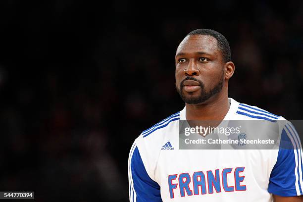 Florent Pietrus of France is warming up prior to the International Friendly game between France v Serbia at AccorHotels Arena on June 21, 2016 in...