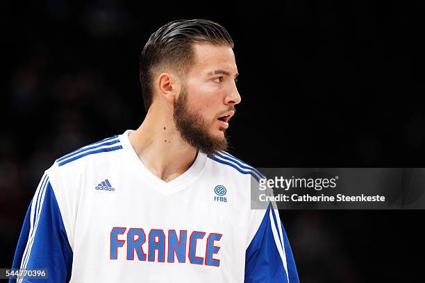 Joffrey Lauvergne of France is warming up prior to the International Friendly game between France v Serbia at AccorHotels Arena on June 21, 2016 in...