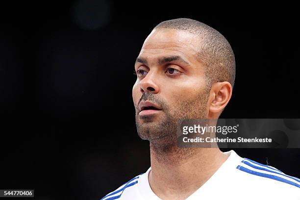 Tony Parker of France looks on prior to the International Friendly game between France v Serbia at AccorHotels Arena on June 21, 2016 in Paris,...