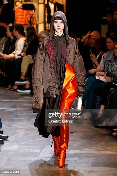 Model walks the runway during the Vetements designed by Demna Gvasalia Haute Couture Fall/Winter 2016-2017 show as part of Paris Fashion Week on July...