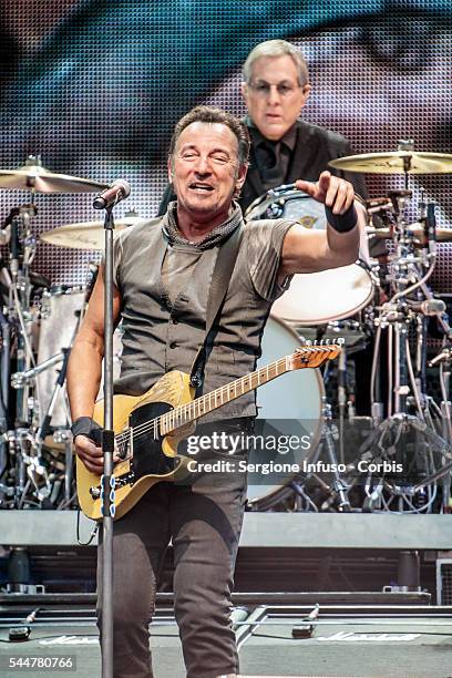 July 3: Bruce Springsteen and Max Weinberg of the E Street Band perform live at San Siro Stadium in Milan, Italy on July 3 with The River tour.