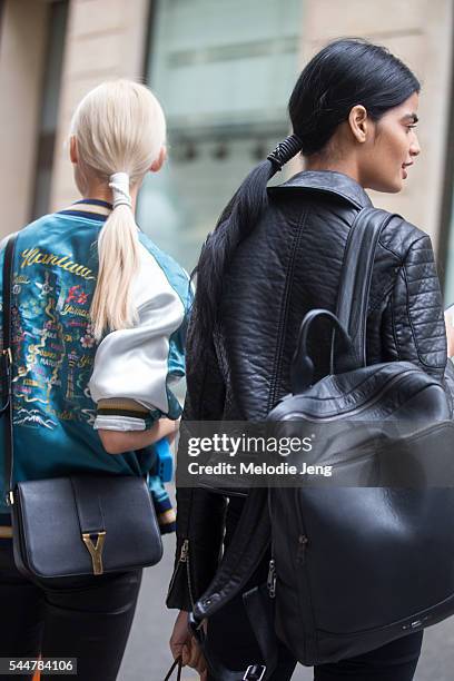 Hair details and bags at the Hermes presentation on July 3, 2016 in Paris, France.