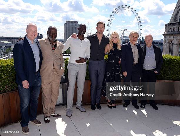 David Yate, Yule Masiteng, Djimon Hounsou, Alexander Skarsgard, Margot Robbie, Christoph Waltz and David Barron attend the photocall for "The Legend...