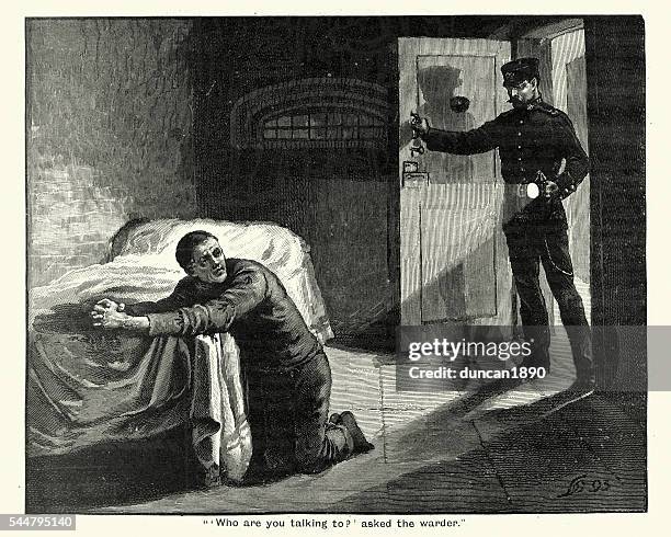 victorian prison convict praying in his cell - forgiveness 幅插畫檔、美工圖案、卡通及圖標