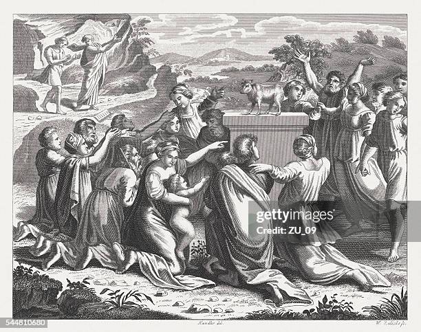 moses breaking the tablets of law (exodus 32), published 1841 - bust sculpture stock illustrations