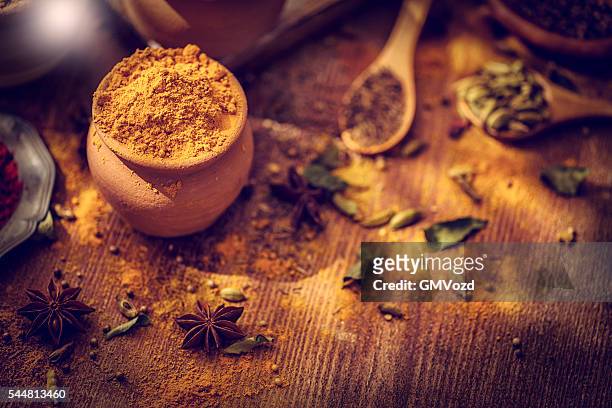 spices and herbs on wooden background - mustard plant stock pictures, royalty-free photos & images