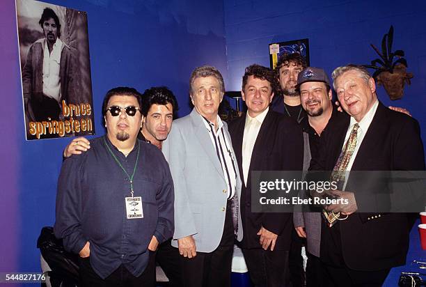 Scotty Moore and DJ Fontana with David Hildago, Billy Burnette, Joe Ely and Rocky Burnette at the Austin Music Hall in Austin, Texas on March 15,...