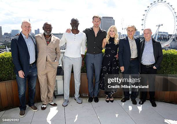 David Yate, Yule Masiteng, Djimon Hounsou, Alexander Skarsgard, Margot Robbie, Christoph Waltz and David Barron attend the Photocall for the film...