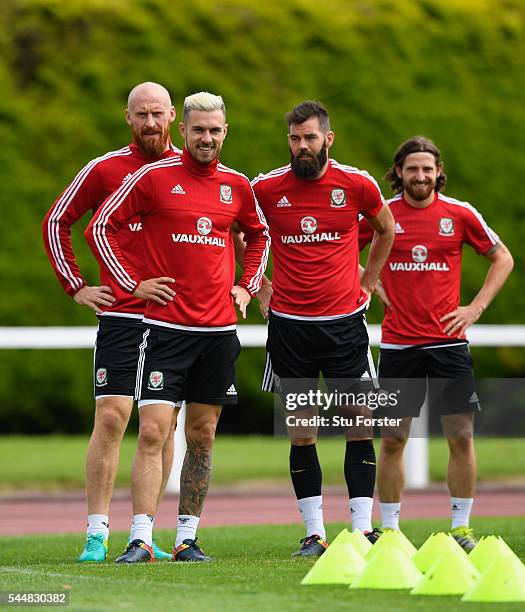 Wales players from left to right James Collins, Aaron Ramsey, Joe Ledley,and Joe Allen share a joke during Wales training ahead of their UEFA Euro...