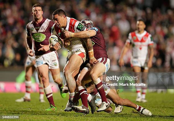 Tyson Frizell of the Dragons is tackled during the round 17 NRL match between the Manly Sea Eagles and the St George Illawarra Dragons at Brookvale...