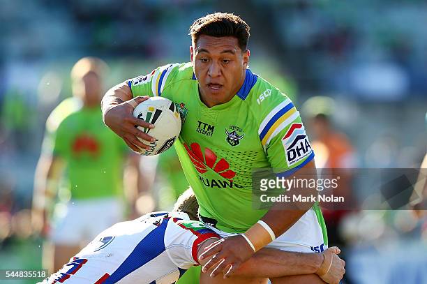 Josh Papalii of the Raiders runs the ball during the round 17 NRL match between the Canberra Raiders and the Newcastle Knights at GIO Stadium on July...