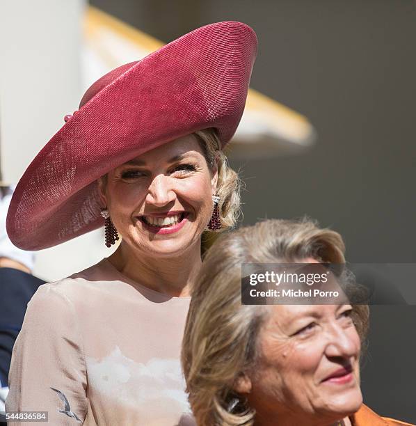 Queen Maxima of The Netherlands and Vlasia Pavlopoulou, wife of Greek President Prokopis Pavlopoulos pose for a picture upon arrival at the...