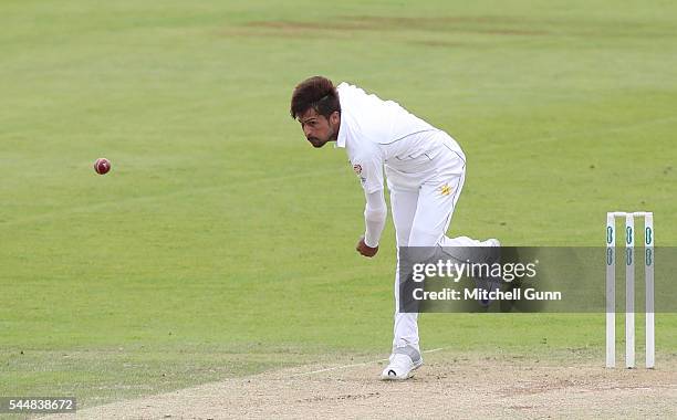 Mohammad Amir of Pakistan bowling during day two of the tour match between Somerset and Pakistan at The Cooper Associates County Cricket Ground on...