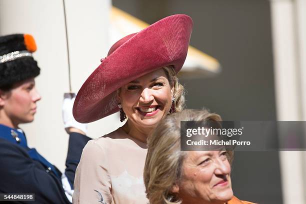 Queen Maxima of The Netherlands and Vlasia Pavlopoulou, wife of Greek President Prokopis Pavlopoulos pose for a picture upon arrival at the...